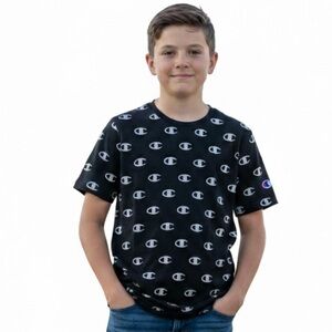 Champion Authentic Athleticwear Black Tee Iconic All Over Logo Design Boy XL